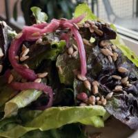 House · Vegan, gluten-free. Micro shoots, sunflower seeds, pickled red onion, mixed greens sherry vi...