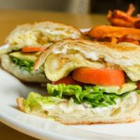 Egg Sandwich · Vegan option, gluten-free option. Omelette, house-made vegan sausage, avocado, tomato, vegan...