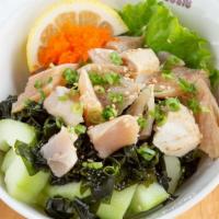 Albacore Tuna Salad · Albacore tuna, cucumber, seaweed, masago, garlic dressing, green onion, sesame seed.