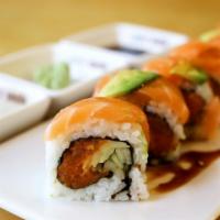 Salmon Creek Roll · Spicy salmon, sushi ginger salmon, cucumber, radish sprout, and avocado with sweet sauce.