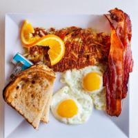 Two Eggs Any Way · Served with hash browns & toast.  With bacon or sausage $2.50