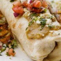 Chile Verde Burrito · Pulled pork, egg, Moneterey Jack, bell peppers, green chile sauce & queso fresca