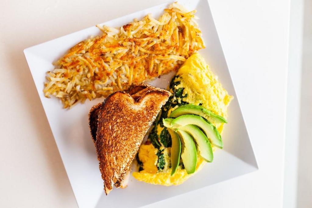 California Omelette · Turkey bacon, spinach, avocado & Monterey jack