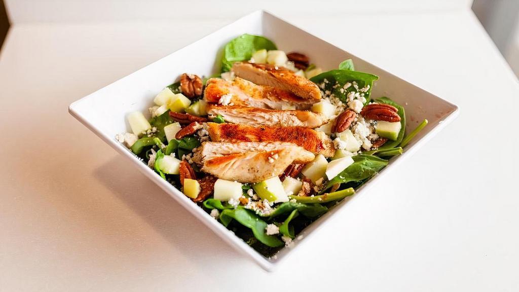 Apple Harvest Salad · Baby spinach, grilled chicken, candied pecans, crumbled blue cheese, red wine vinaigrette