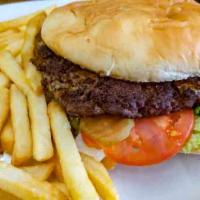 Giant Cheeseburger & Fries · 3/4 lb Cheese Burger & Fries comes with lettuce, tomato, onions, pickles and 100% beef.