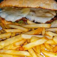 Deluxe Italian Sausage · Mauro's kitchen sausage with American, Swiss, Provolone, lettuce, tomato, onion and fries.