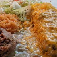 Smothered Bean & Beef Or Chicken · Smothered Bean & Beef or Chicken and Cheese Burrito with a side of Beans, Rice and Salad