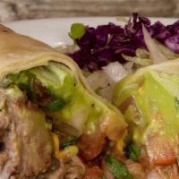 Burro Grande · A large flour tortilla stuffed with your choice of meat, beans, guacamole, sour cream, chees...