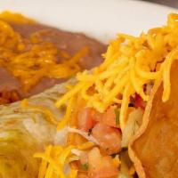 Combo #1 · A Cheese enchilada & a crispy taco.  Served with rice & beans.