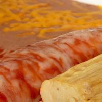 Combo #10 · Tamale & cheese enchilada.  Served with rice & beans.