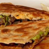 Gecko Quesadilla Grande · Your choice of meat, our blended cheese, jalapeno cream cheese and guacamole folded into a f...