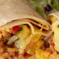 Southwestern Shrimp Burro · Large flour tortilla filled with shrimp, rice, jalapeno cream cheese, pineapple salsa and ch...