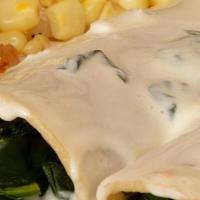 Spinach Enchiladas · Two corn tortillas filled with spinach and cheese, topped with your choice of green sauce, o...