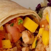 Fiesta Burro · Large flour tortilla filled with grilled chicken breast, jalapeno cream cheese, fresh mango ...