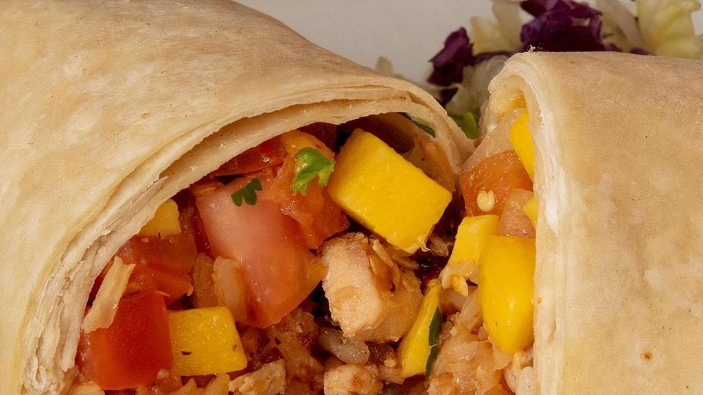 Fiesta Burro · Large flour tortilla filled with grilled chicken breast, jalapeno cream cheese, fresh mango salsa, cheese and rice.