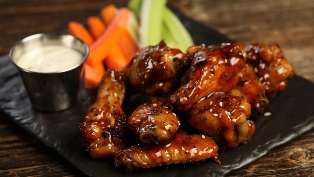 Teriyaki · 8 teriyaki smoked and grilled wings (mild heat), served with carrots & celery and a choice of blue cheese, classic ranch, or Sriracha ranch for dipping
