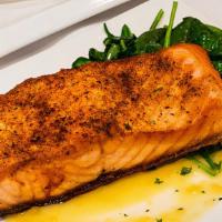 Blackened Salmon · (7oz) Blackened salmon with spinach and passionfruit sauce