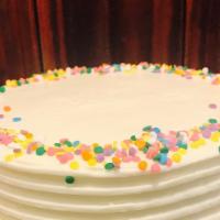 Whole Confetti Birthday Cake · Light sponge cake dotted with colored sprinkles, vanilla syrup, vanilla butter cream frostin...