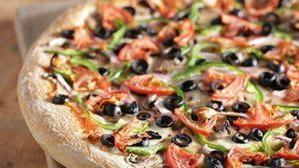 Veggie Deluxe · Mushrooms, red onions, green peppers, black olives, tomatoes, Wisconsin cheese blend, and or...