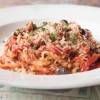 Puttanesca · A popular dish with the ladies of pleasure- fresh house made linguini tossed with a spicy sa...