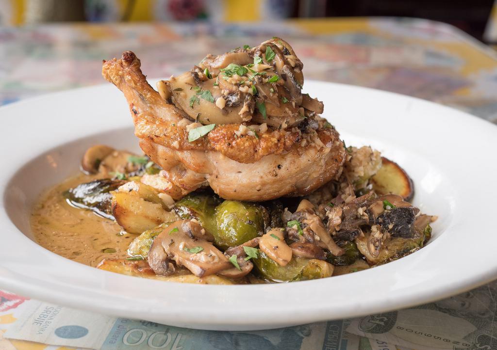The Choose Your Own Chicken Adventure · Gluten friendly. A juicy washington grown-supreme cut chicken breast over roasted brussel sprouts and yukon gold potatoes. With your choice of lemon, parsley, caper piccata sauce, or a wild mushroom creamy marsala sauce.