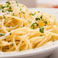 Spaghetti Garlic And Olive Oil · Spaghetti pasta sauteed in olive oil, fresh garlic, fresh italian parsley and a pinch of red...