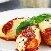 Baked Cheese Stuffed Shells · 5 Large shells stuffed with Ricotta cheese, Topped with House Marinara sauce and Mozzarella ...
