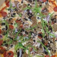 Suprema Pizza · House Tomato Pizza sauce, mozzarella cheese, pepperoni, house sausage, bell peppers, black o...
