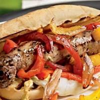 Sausage Parmesan Sandwich · Italian bread, house made sausage, Mozzarella cheese, roasted peppers and onions.  Served wi...