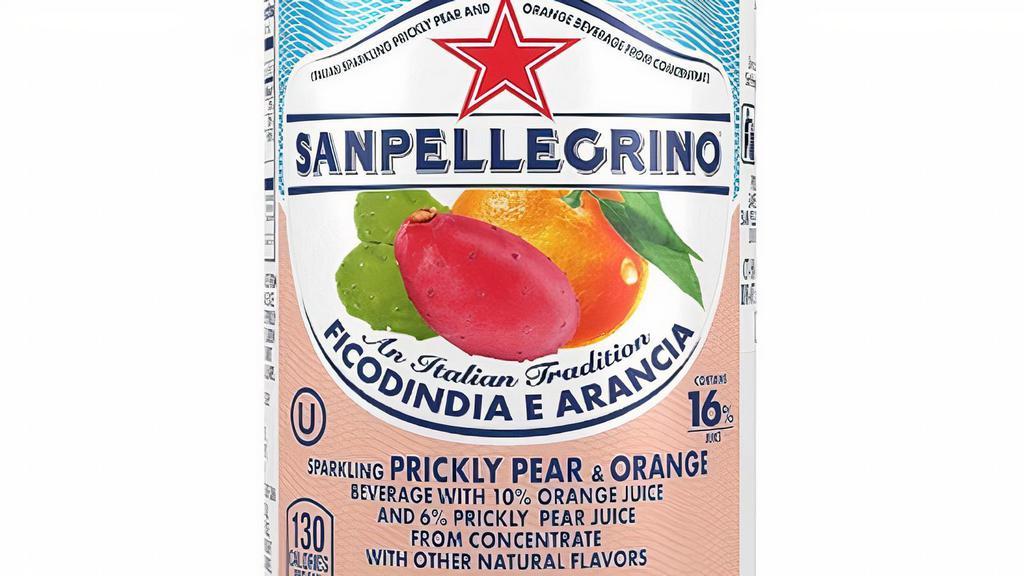 San Pellegrino Sparkling Water & Real Fruit Juice - Orange And Prickly Pear  - 11.5 Oz Can · Naturally flavored Orange/Arancia and Prickly Pear/Fico D'India sparkling fruit beverage
Made with Orange and Prickly Pear  juice, real sugar, and sparkling water
No artificial colors, flavors, sweeteners or preservatives