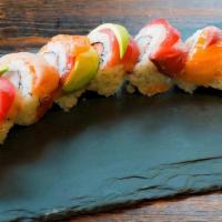Rainbow Roll · Crabmeat, cucumber, avocado inside, topped with 4pc fish.

These items may be served raw by ...