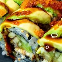 Dragon Roll · Eel, cucumber inside, and avocado outside.