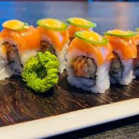 Mexican Roll · Spicy yellowtail , cucumber inside, topped with salmon, jalapeno and spicy mayo