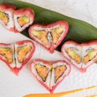 Valentine Roll · Spicy tuna and avocado inside, topped with fresh tuna