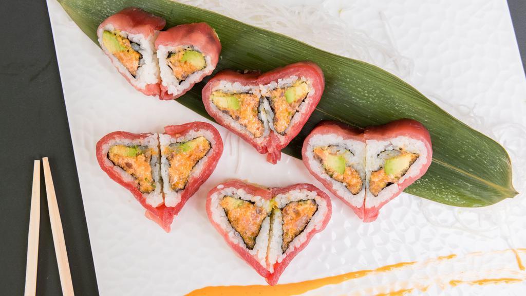 Valentine Roll · Inside spicy tuna and avocado, outside fresh tuna.