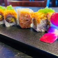 Foxy Lady Roll · Salmon, mango inside, tope with spicy tuna and spicy crab meat,,wasabi Tobiko top