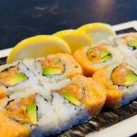 Mountain Roll · Spicy tuna, avocado inside, top with spicy salmon