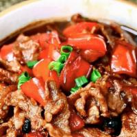 Fan Tang Chili Sauce Pork · <火爆新品> - 湖南肉汤泡饭(猪肉) - Marinated thin sliced all natural pork stir fried with Fan Tang signat...