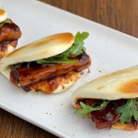 Pork Belly Buns · 梅菜蒸肉荷叶饼 - Three slider size buns packed with traditional slow cooked Mei Cai pork belly slic...