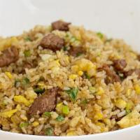 12-Spice Beef Fried Rice · 湖南牛肉炒饭 - Our signature fried rice with beef, cage free eggs and green onions.