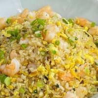 Shrimp Fried Rice · 农家虾仁炒饭 - Rice, shrimp, cage free eggs and green onions.