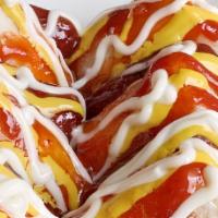 Korean Hot Dog · Lightly sprinkled with sugar, ketchup, and mustard on top.