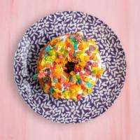 Rainbow Yeast-Y Donut · Fruity pebbles frosted donuts