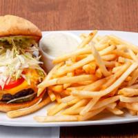 Zz'S Cheesy Burger · American cheese, pickles, lettuce, tomato, comeback sauce, fries.