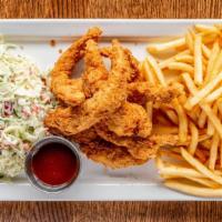 Crispy Chicken Strips · Two Red Bird Farms crispy chicken breasts, cut into tender strips, bourbon BBQ sauce, french...