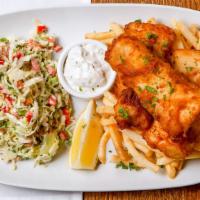 Haddock Fish & Chips · Contains fish or shellfish. Three beer battered fish filets, french fries, coleslaw, and cap...