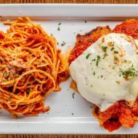 Chicken Parmesan · Two Red Bird Farm crispy chicken breasts, topped with mozzarella and marinara, served with s...