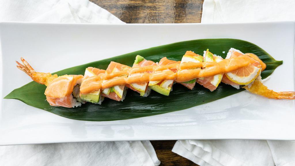 Seahawks Roll · Shrimp tempura, crab meat and cucumber topped with salmon, avocado, lemon and spicy mayo.

Consuming raw seafood may increase your risk of foodborne illness.