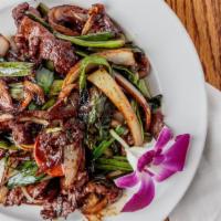 Mongolian Steak · Tender sliced steak wok fried with scallions and white onions with Chef’s special soy sauce