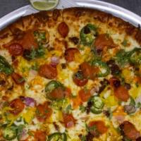 #9 El Patron Thin Crust Circle Pizza · Habanero sauce, jalapeno, banana peppers, habanero, lime, red onion, cilantro, seasoned beef...